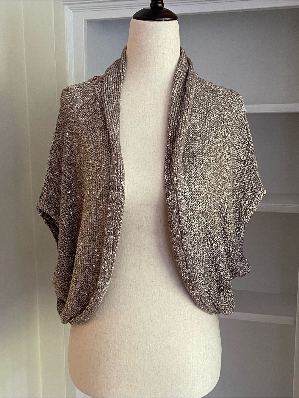 Vince Camuto L Metallic Taupe Sequin Knit Cardigan Shrug